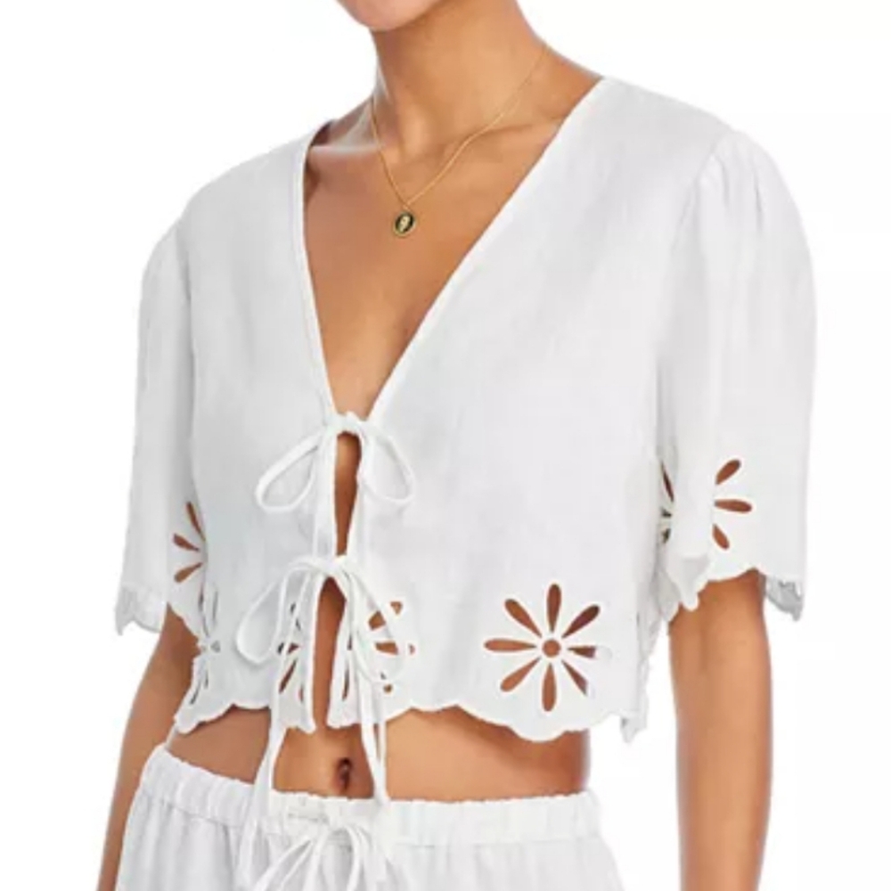 Beige By Tammy Tie-Front Eyelet Embroidere  Crop Top White Sz M Nwt